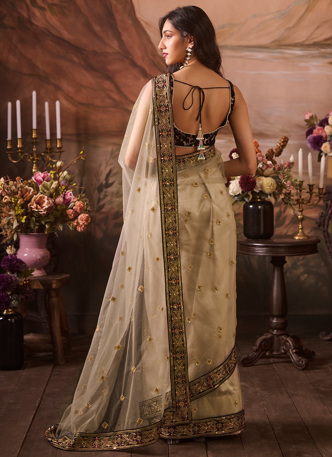 Black and Beige Embroidered Velvet Saree - Lashkaraa