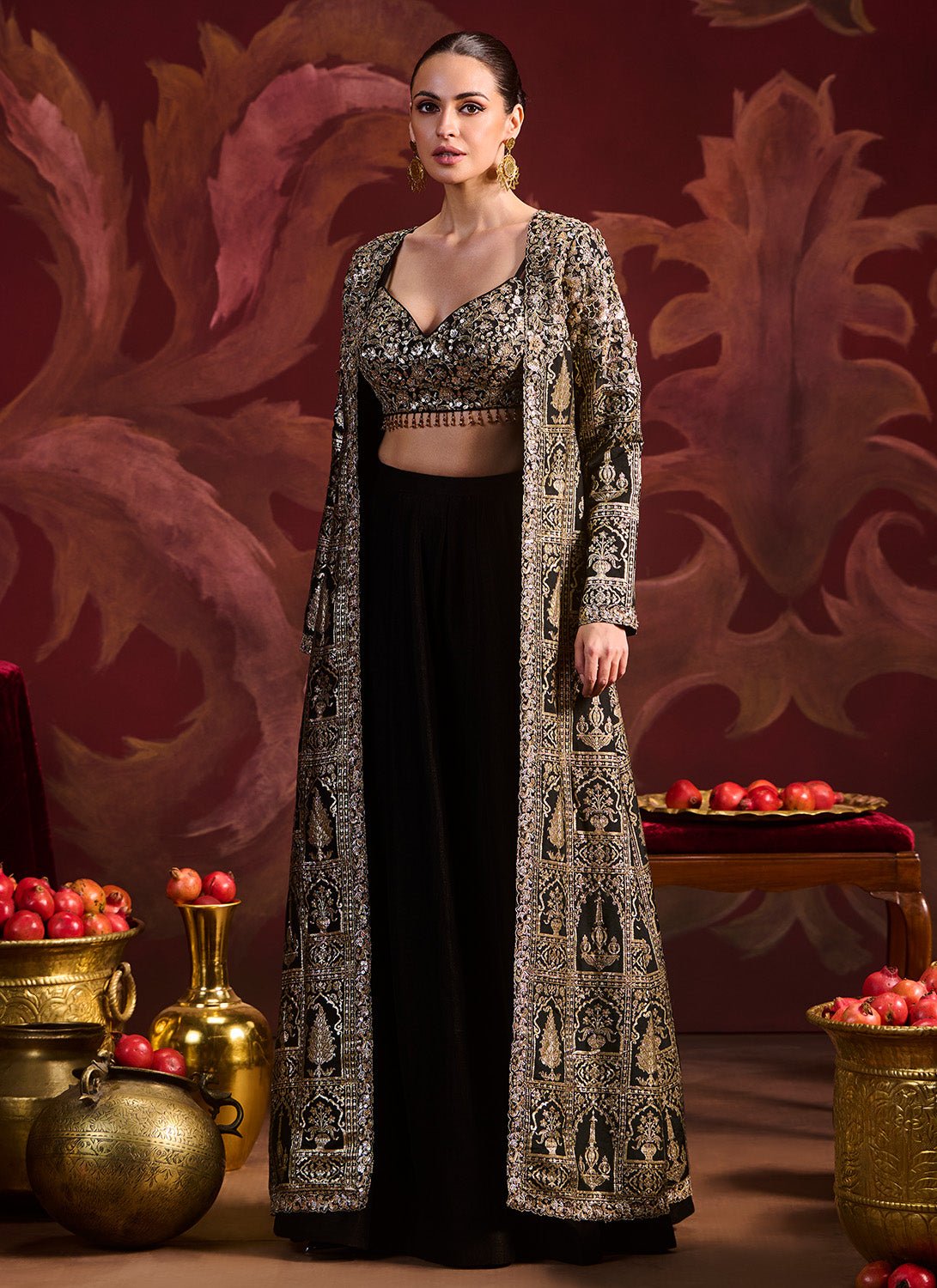 Black and Gold Brocade Jacket Style Set - Lashkaraa