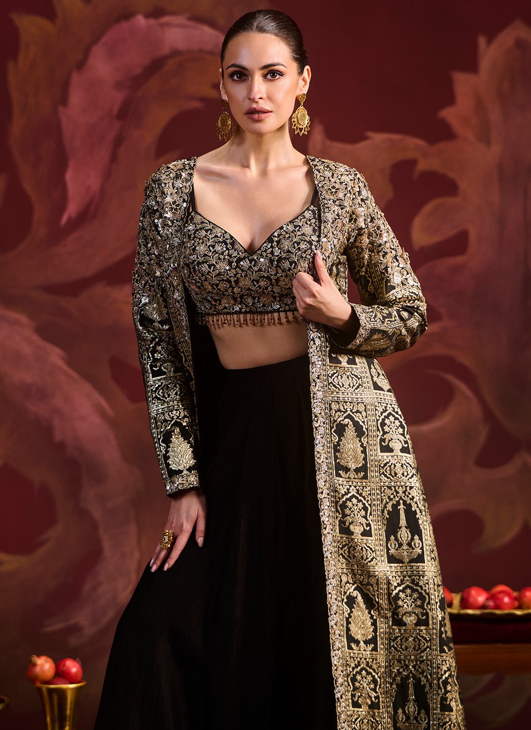 Black and Gold Brocade Jacket Style Set - Lashkaraa