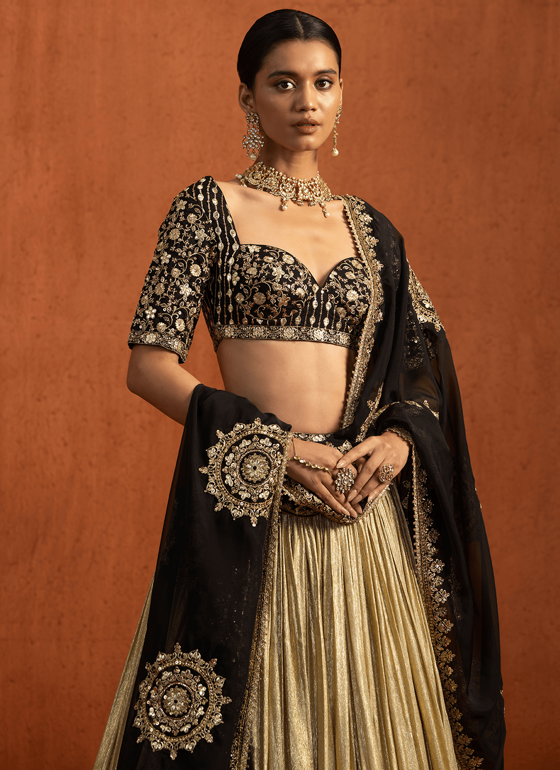Black and Gold Embroidered Lampi Lehenga - Lashkaraa