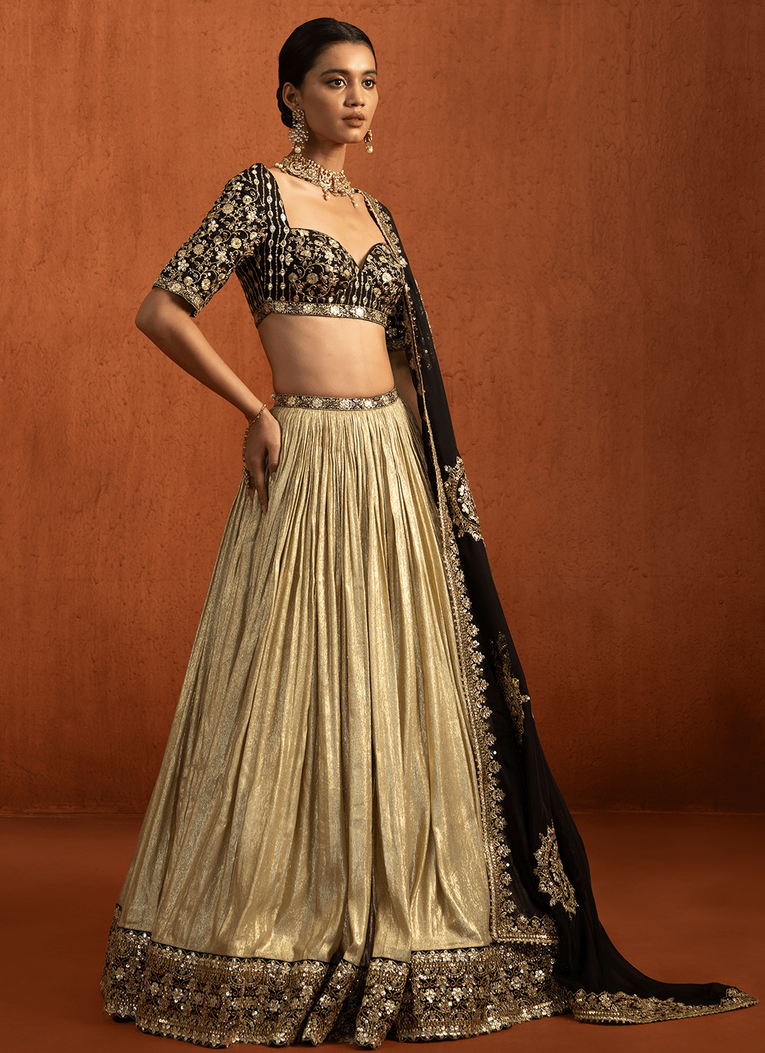 Black and Gold Embroidered Lampi Lehenga - Lashkaraa