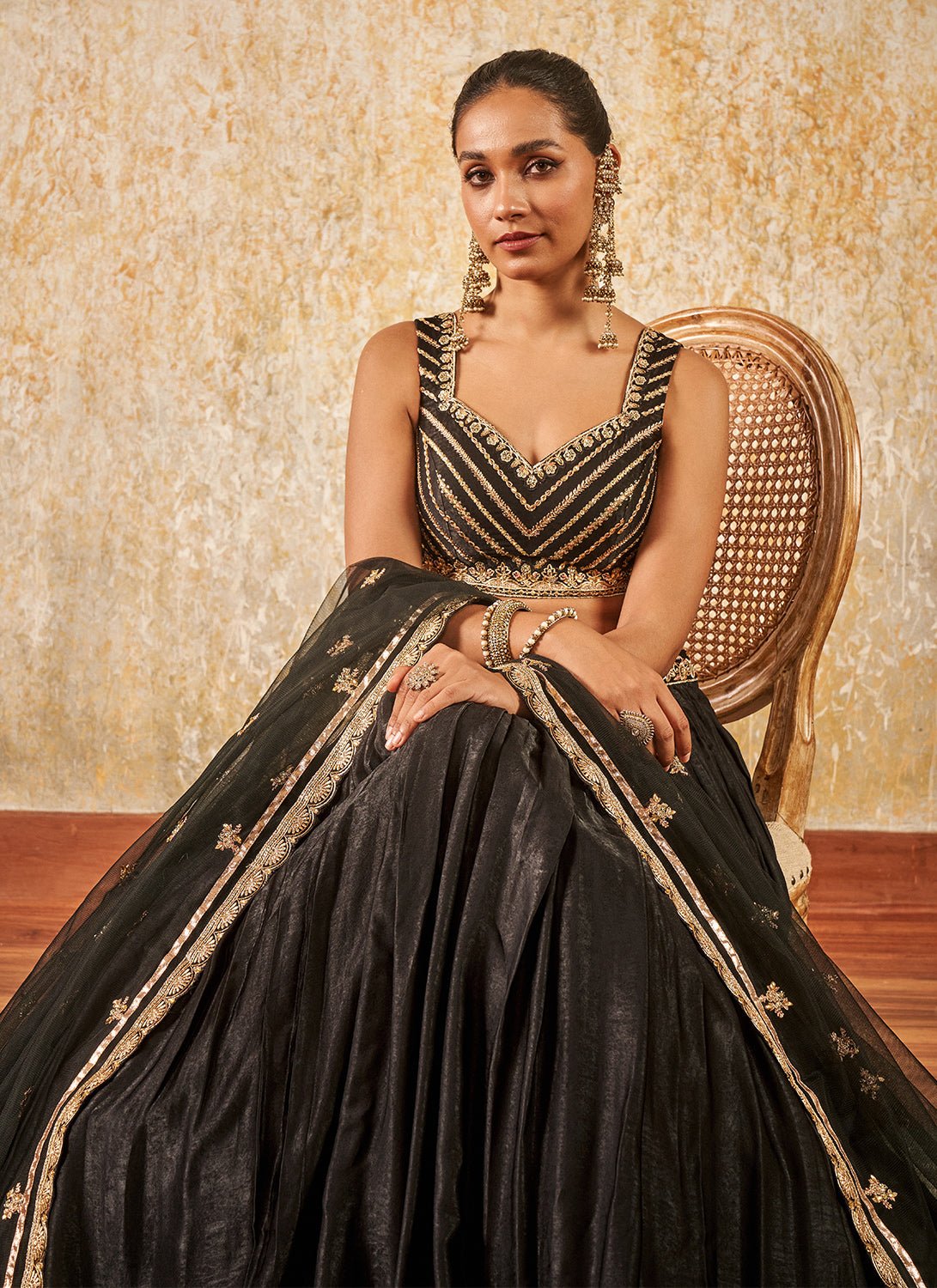 Black and Gold Embroidered Lehenga - Lashkaraa
