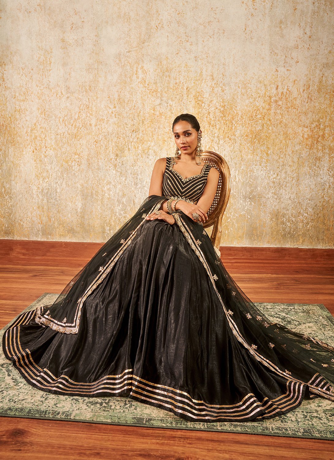 Black and Gold Embroidered Lehenga - Lashkaraa