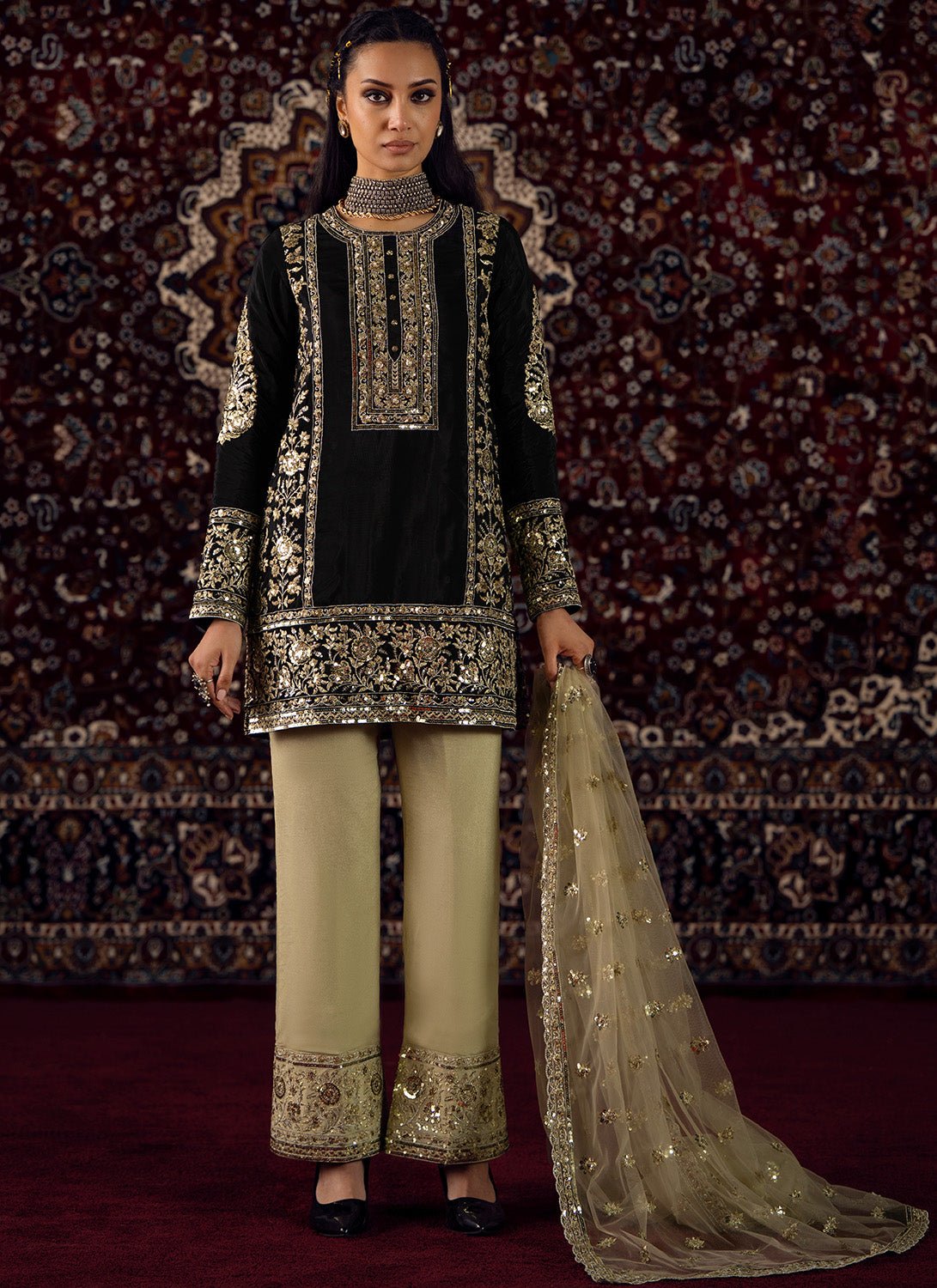 Black and Gold Embroidered Organza Pant Suit - Lashkaraa