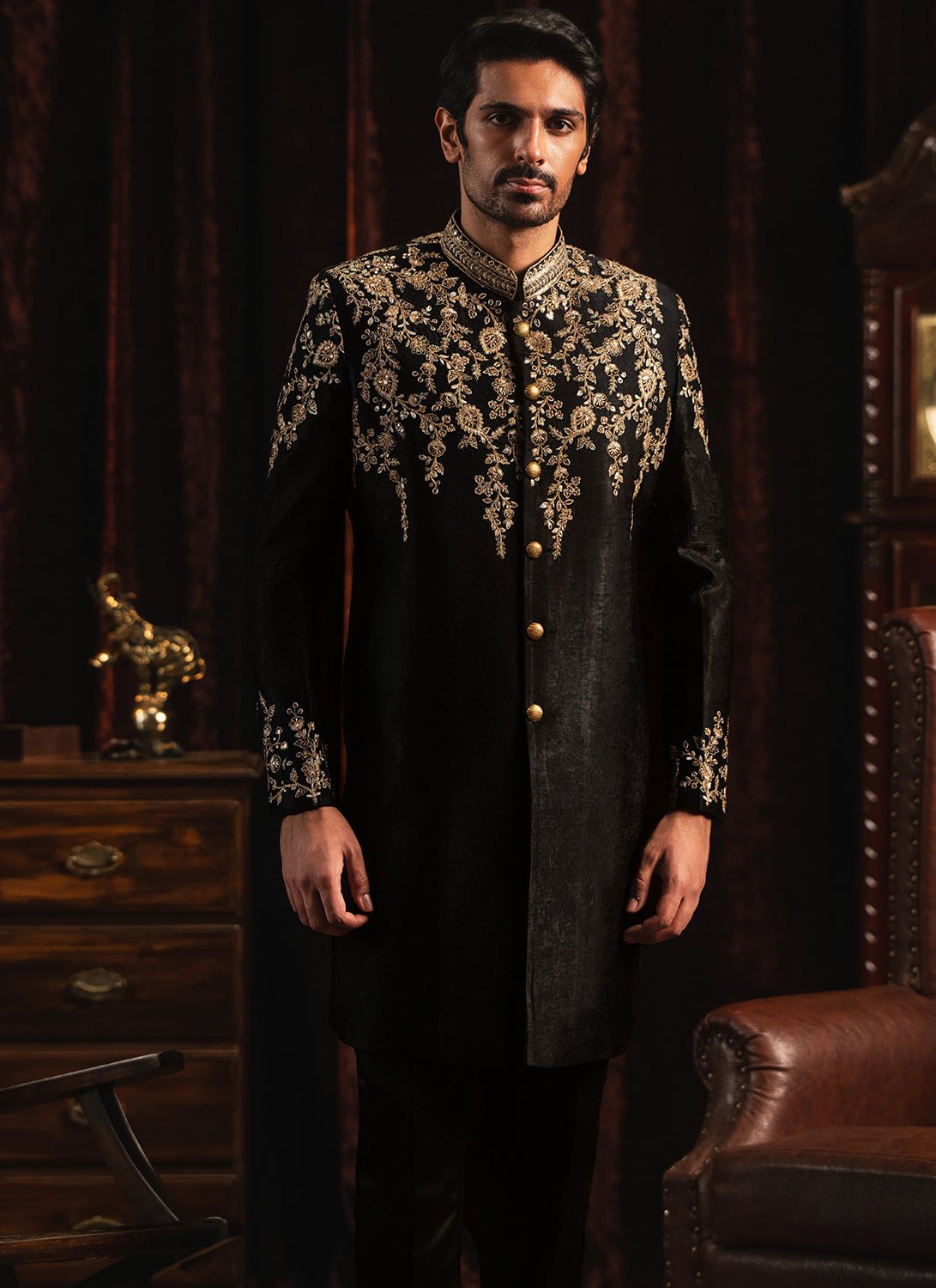 Black and Gold Embroidered Satin Sherwani - Lashkaraa