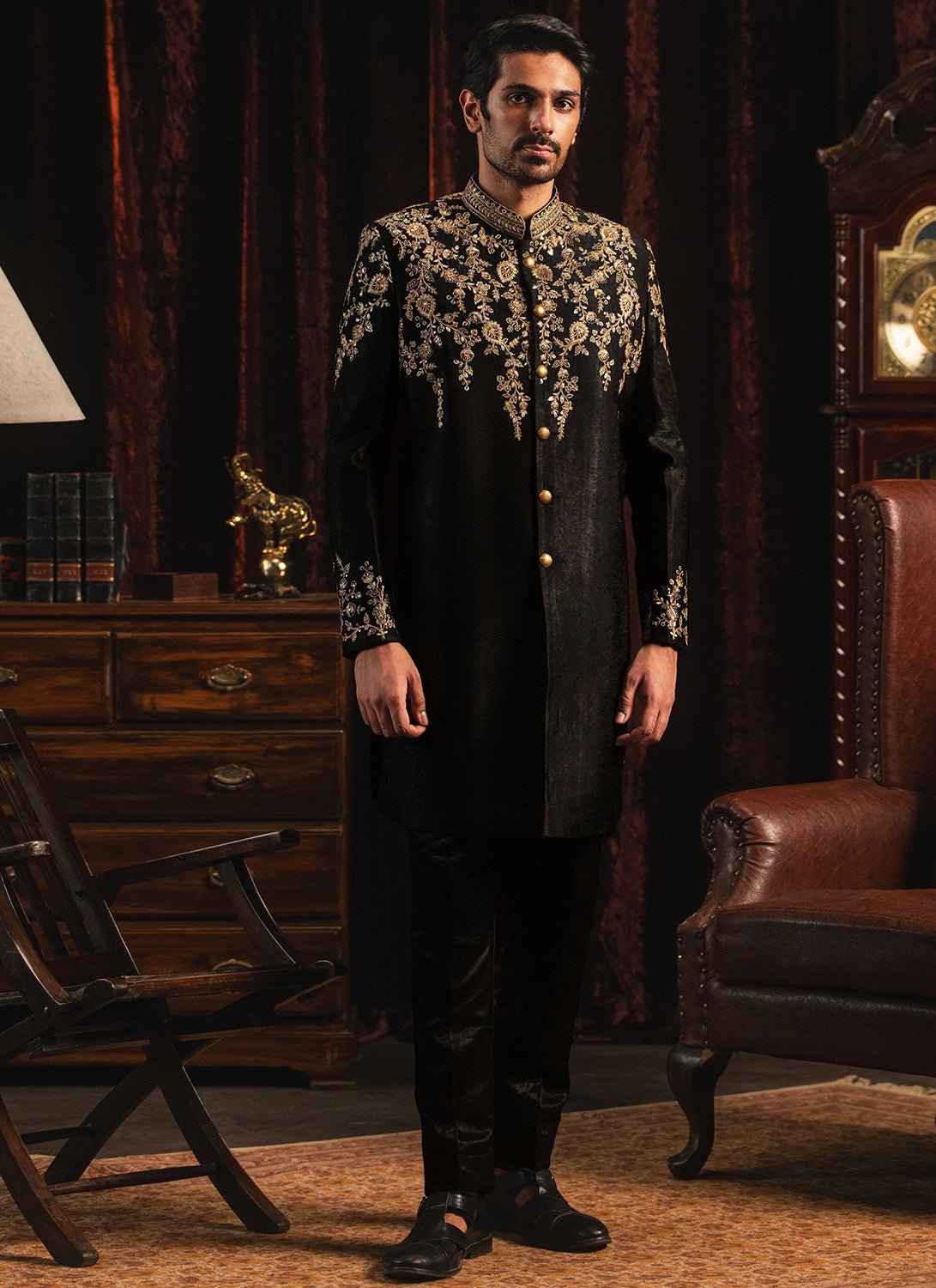 Black and Gold Embroidered Satin Sherwani - Lashkaraa