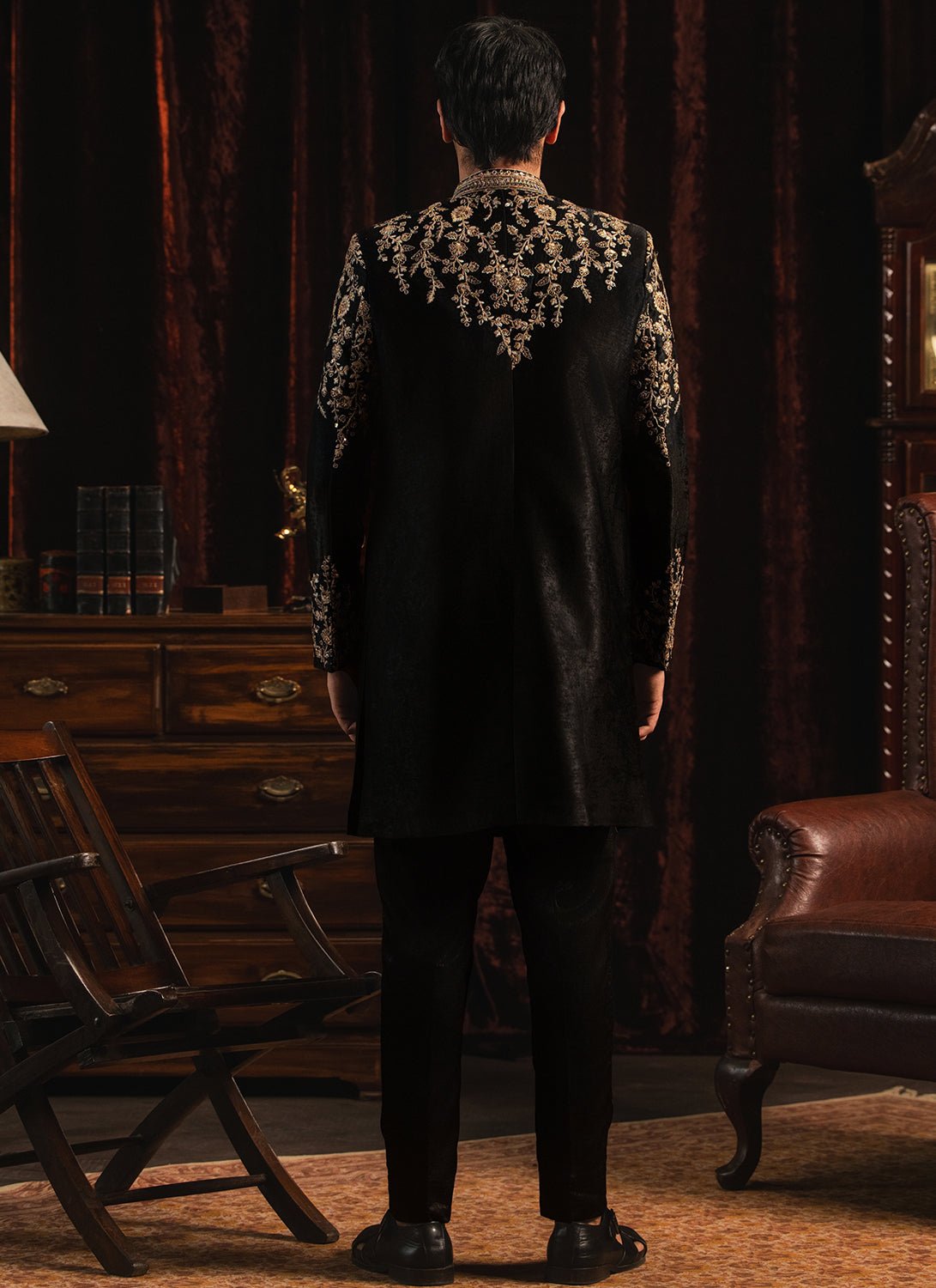 Black and Gold Embroidered Satin Sherwani - Lashkaraa