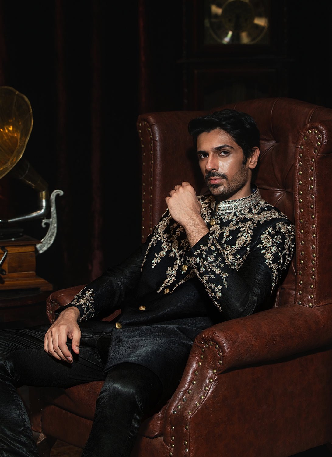 Black and Gold Embroidered Satin Sherwani - Lashkaraa