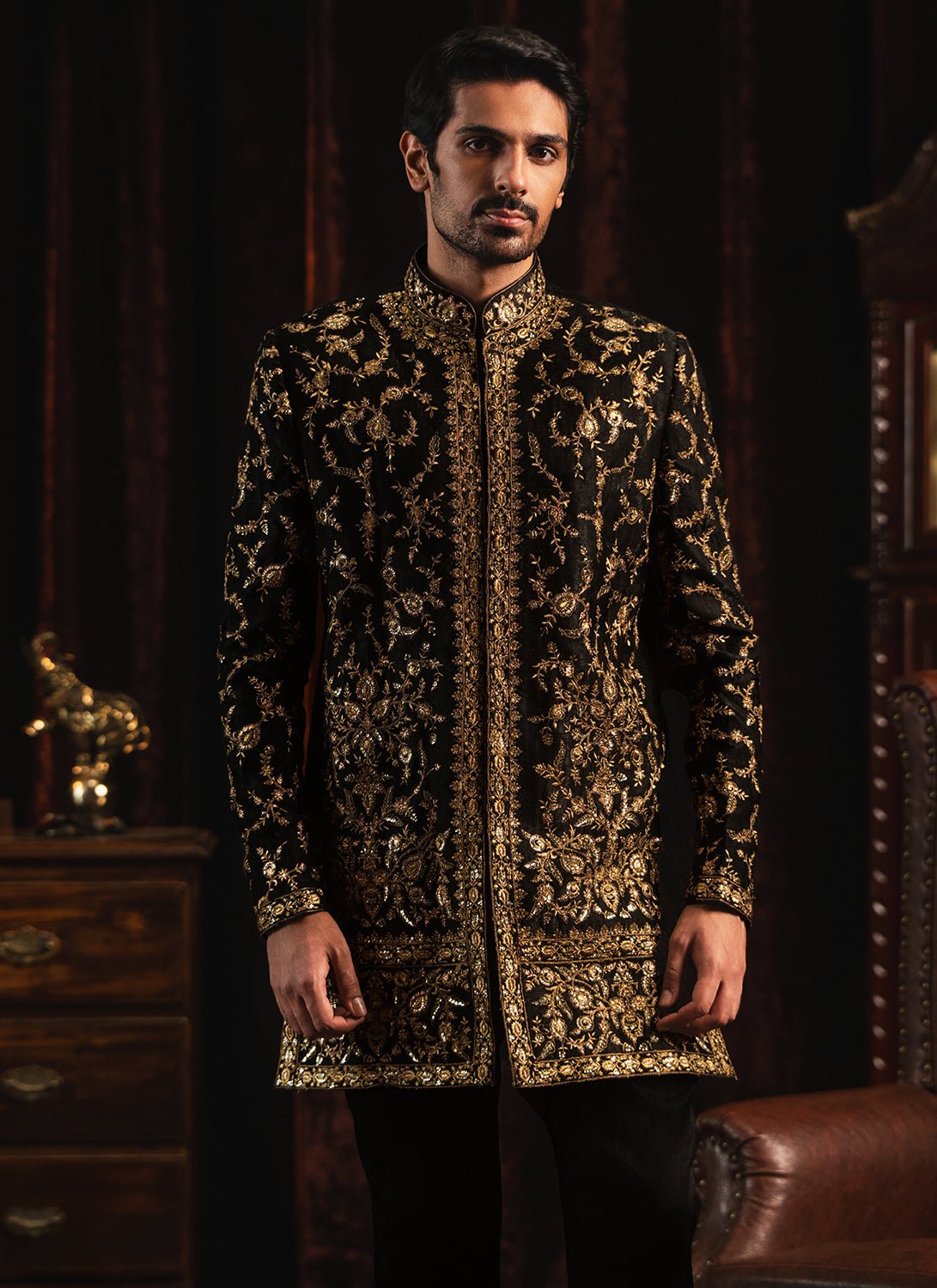 Black and Gold Embroidered Sherwani - Lashkaraa
