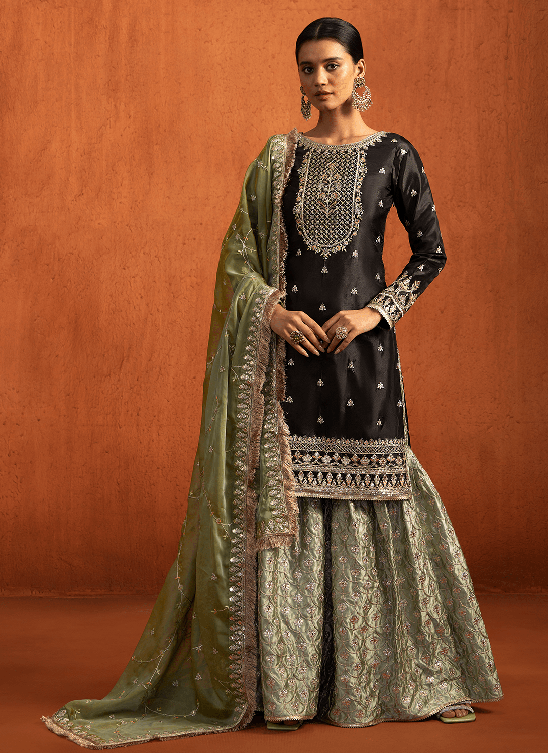 Black and Green Embroidered Silk Sharara Suit - Lashkaraa