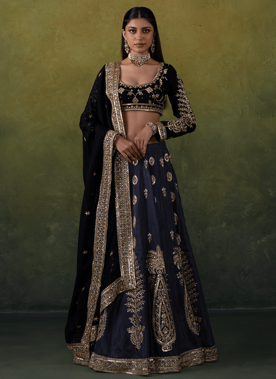 Black and Grey Embroidered Silk Lehenga - Lashkaraa