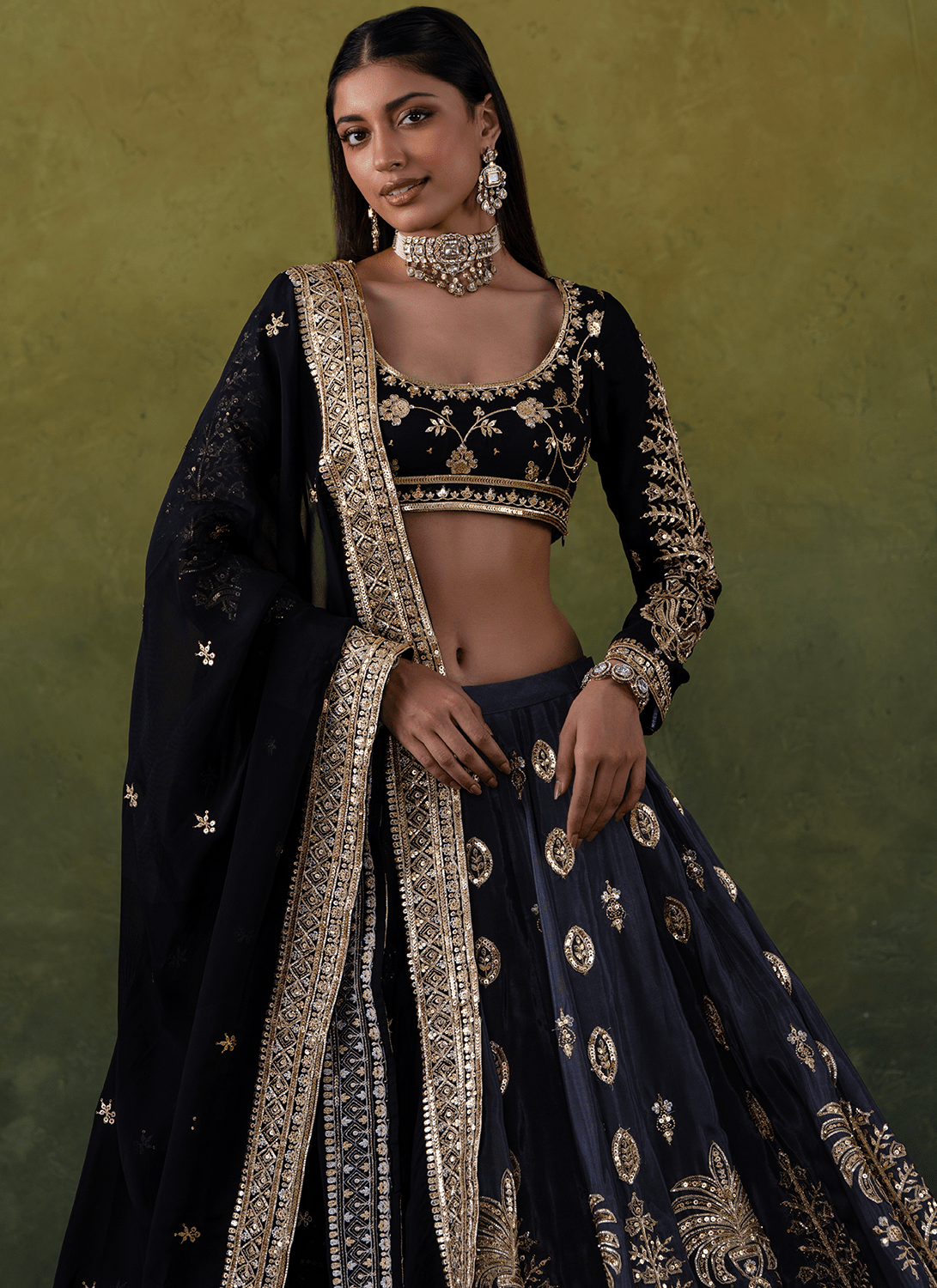 Black and Grey Embroidered Silk Lehenga - Lashkaraa