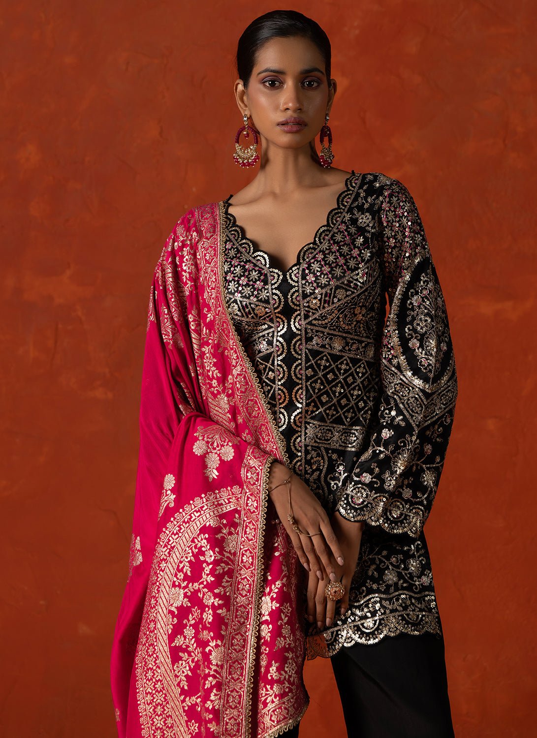 Black and Pink Embroidered Palazzo Suit - Lashkaraa