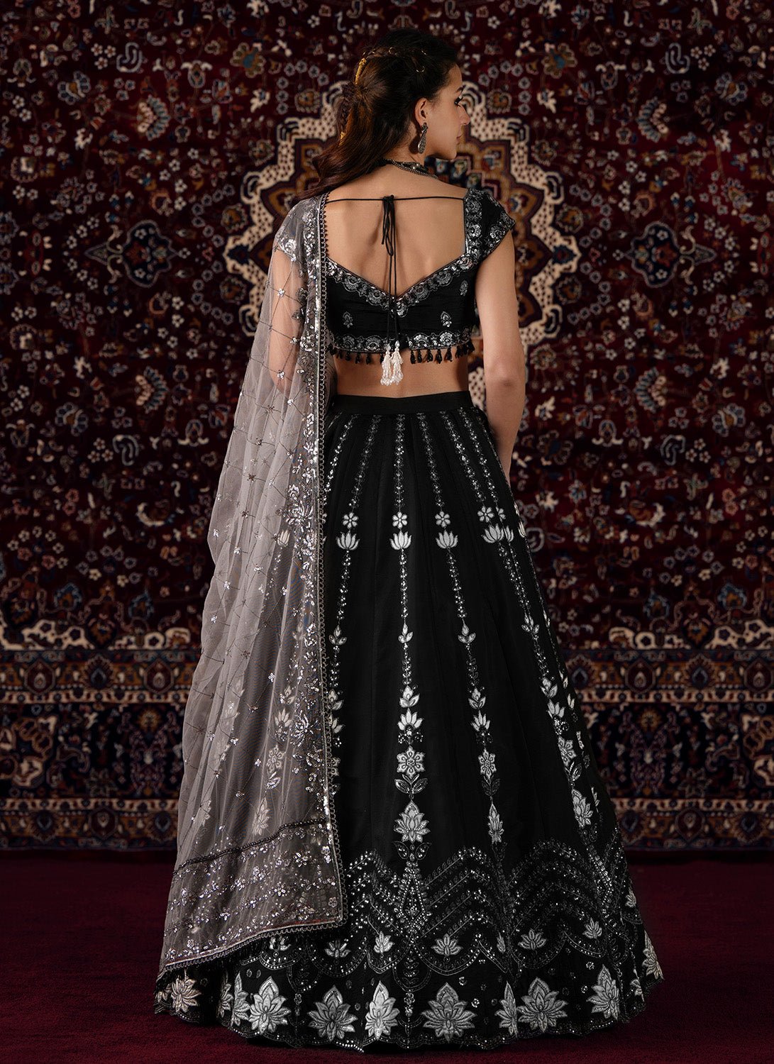 Black and White Embroidered Viscose Silk Lehenga - Lashkaraa
