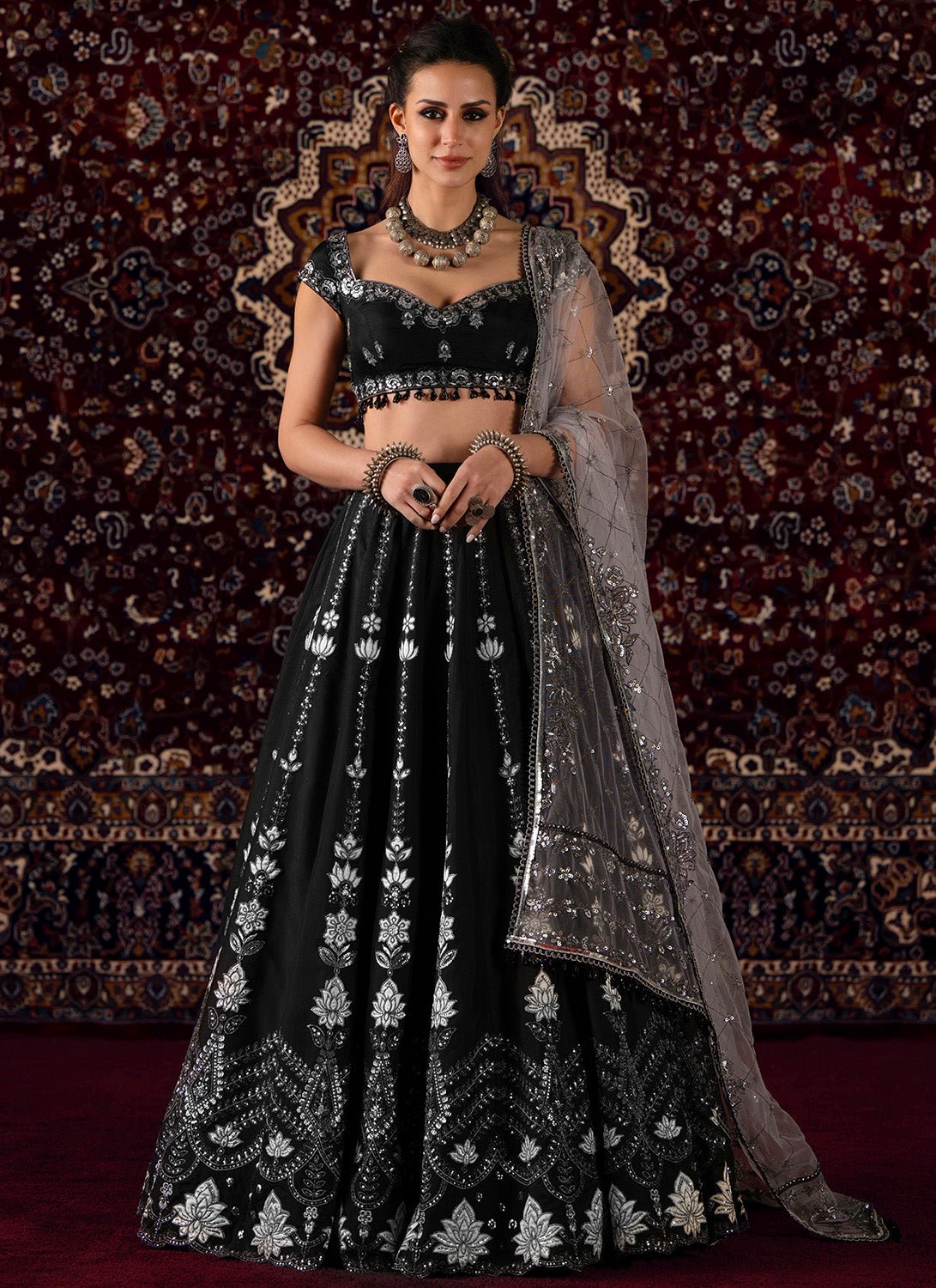 Black and White Embroidered Viscose Silk Lehenga - Lashkaraa