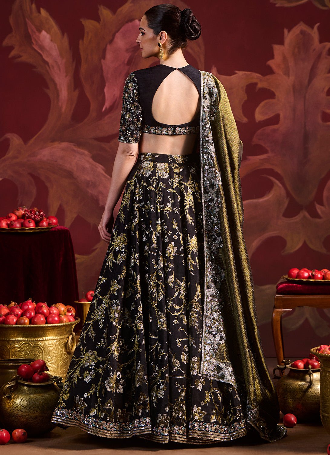 Black Embroidered Brocade Lehenga - Lashkaraa