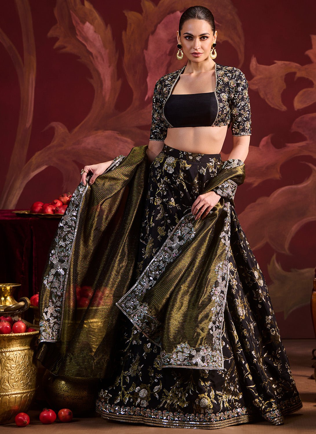 Black Embroidered Brocade Lehenga - Lashkaraa
