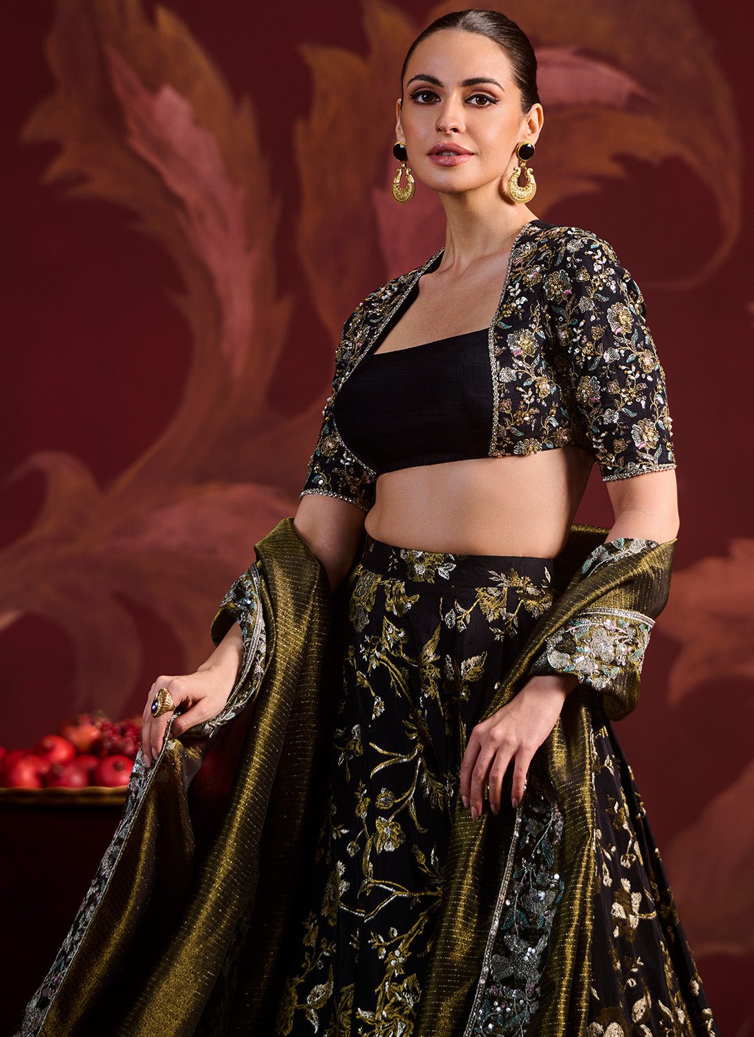 Black Embroidered Brocade Lehenga - Lashkaraa