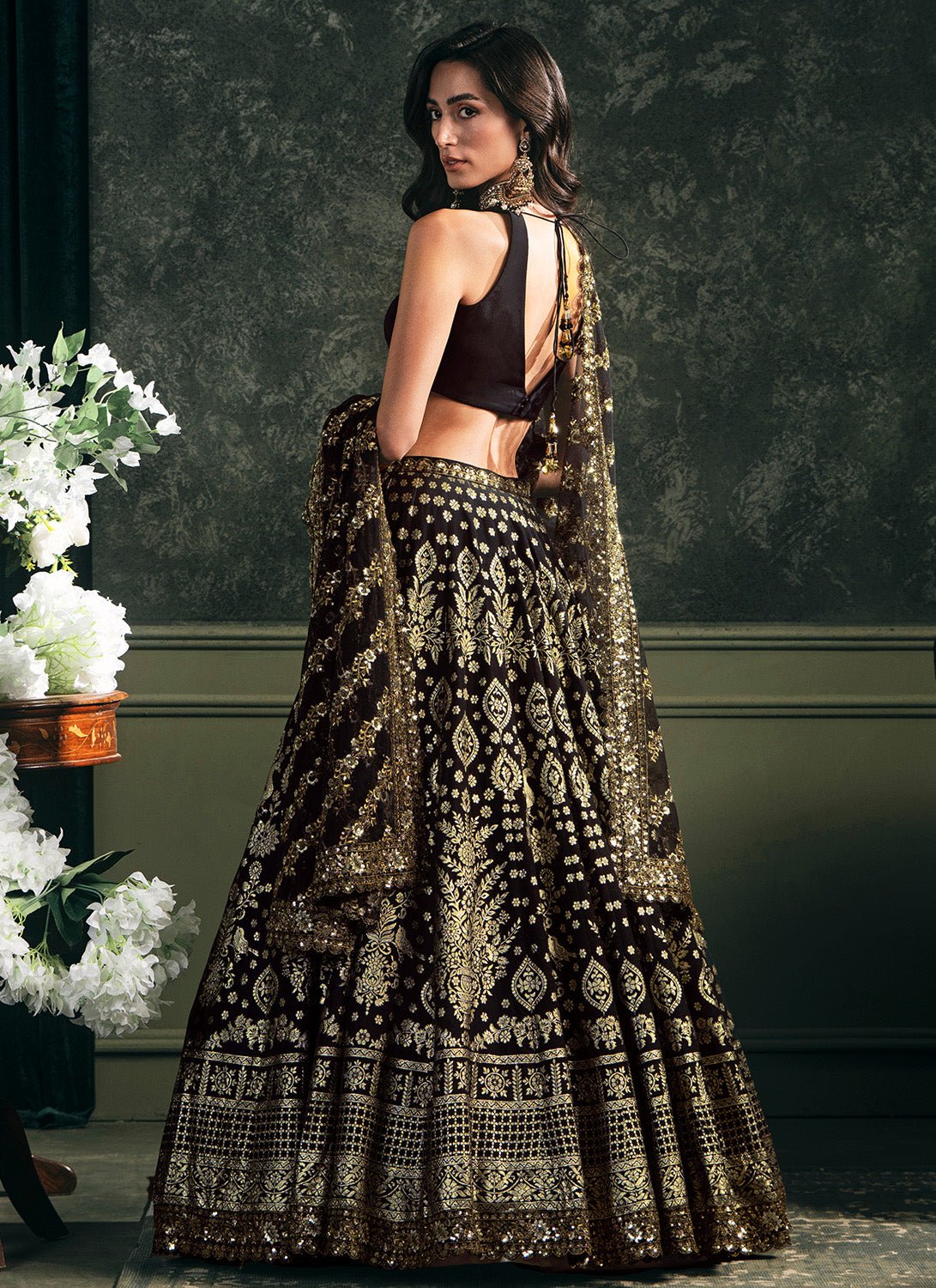 Black Embroidered Brocade Lehenga - Lashkaraa