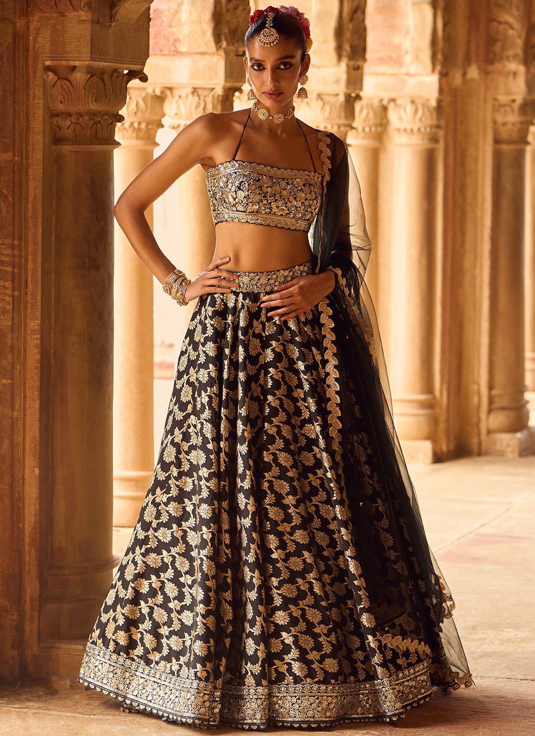 Black Embroidered Brocade Lehenga - Lashkaraa