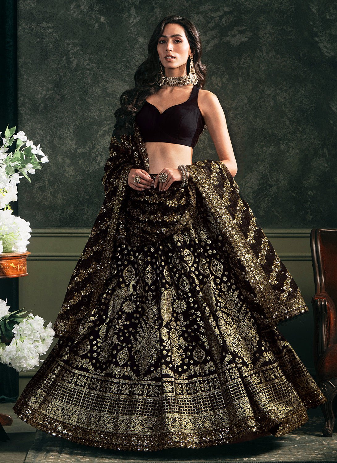 Black Embroidered Brocade Lehenga - Lashkaraa