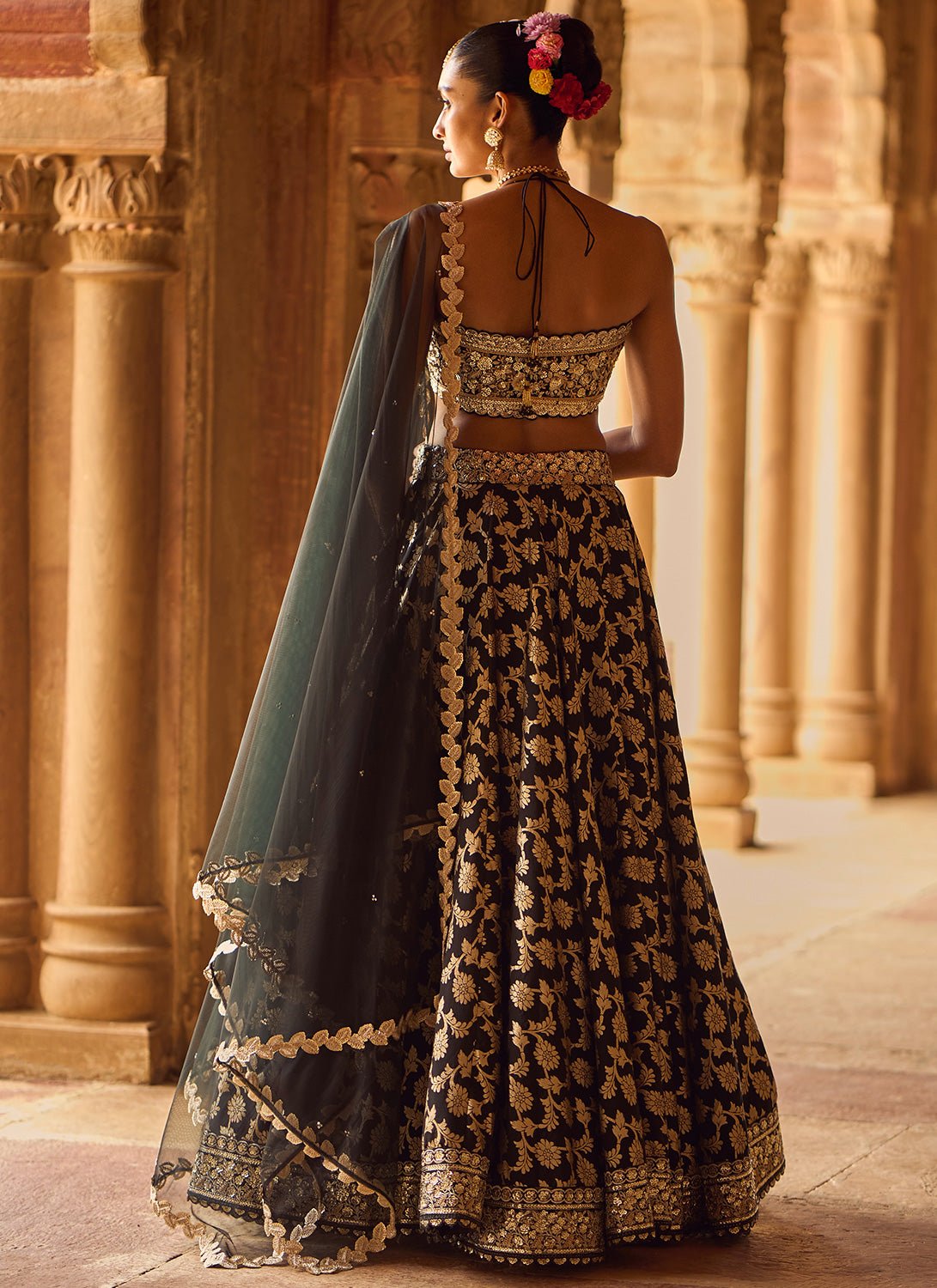 Black Embroidered Brocade Lehenga - Lashkaraa