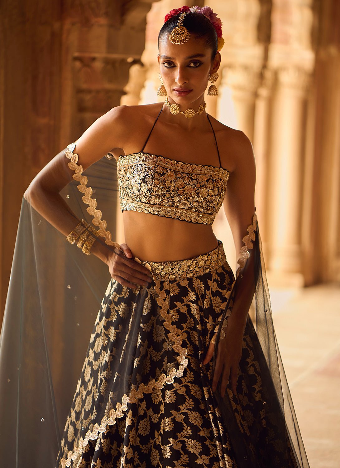 Black Embroidered Brocade Lehenga - Lashkaraa