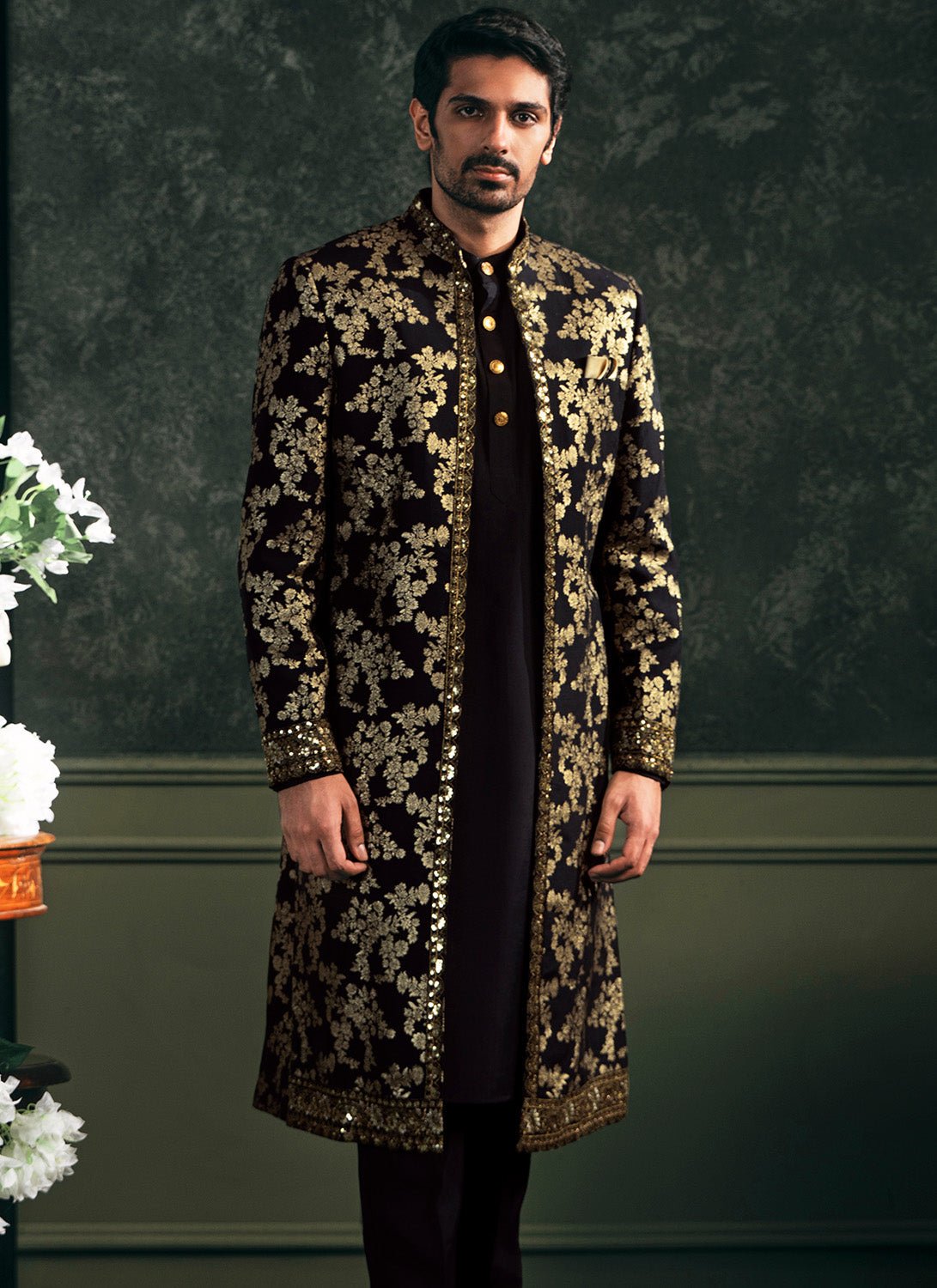 Black Embroidered Brocade Sherwani Set - Lashkaraa