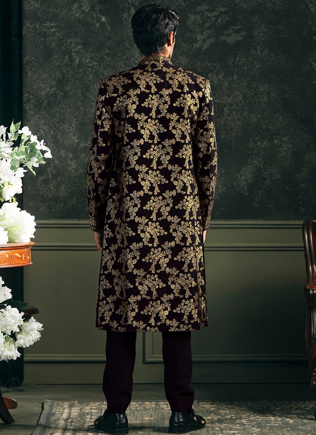 Black Embroidered Brocade Sherwani Set - Lashkaraa
