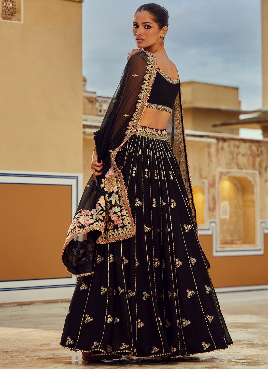 Black Embroidered Georgette Lehenga - Lashkaraa