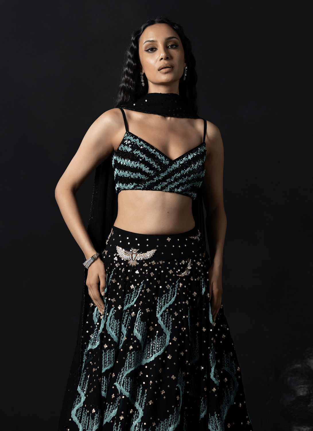 Black Embroidered Georgette Lehenga - Lashkaraa