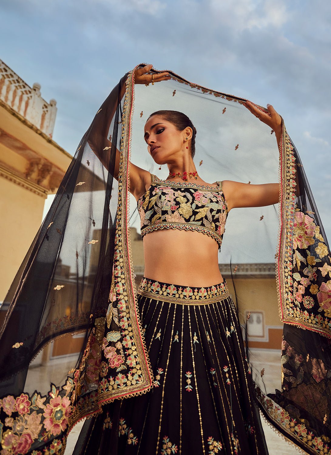 Black Embroidered Georgette Lehenga - Lashkaraa