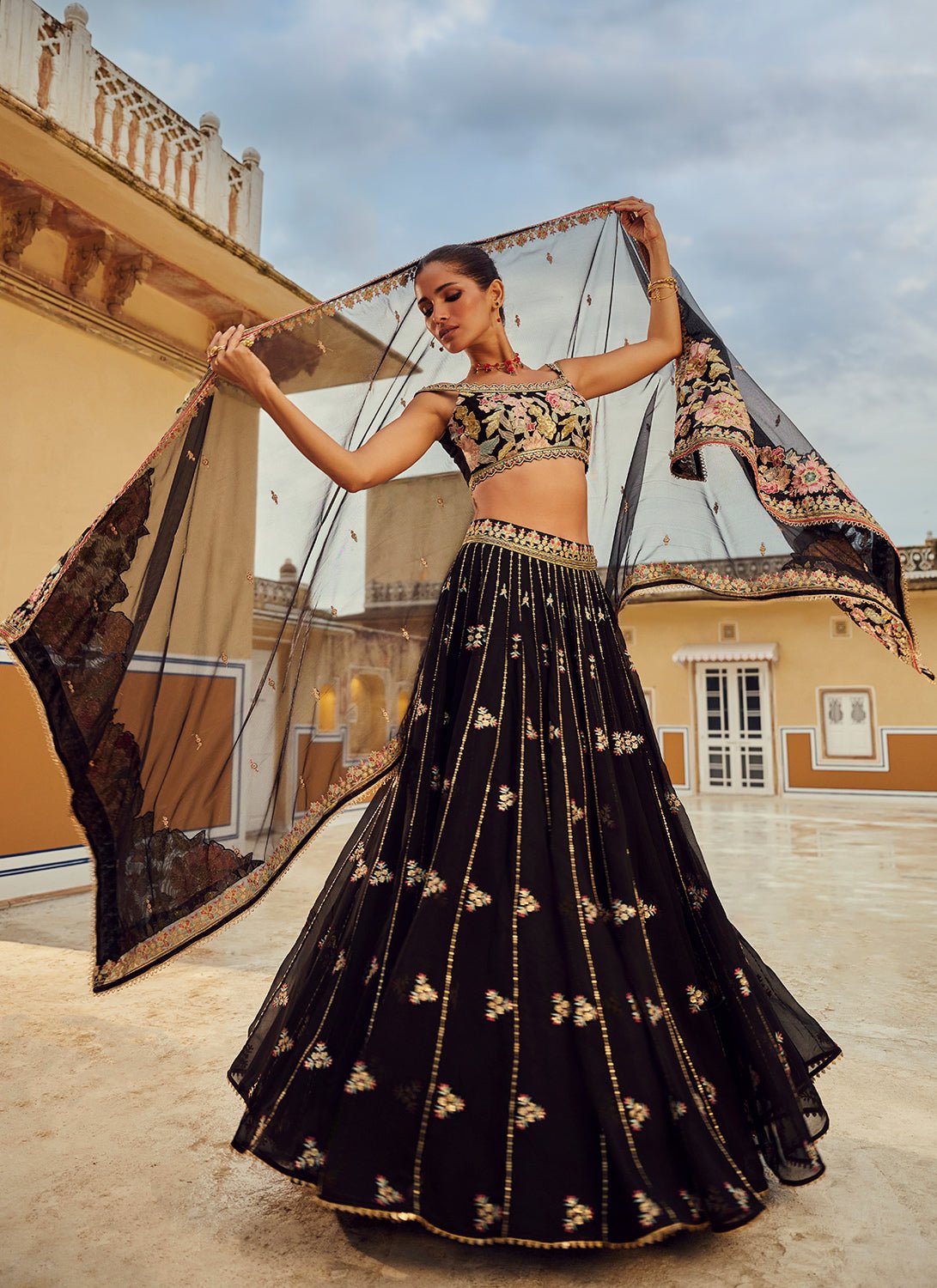 Black Embroidered Georgette Lehenga - Lashkaraa