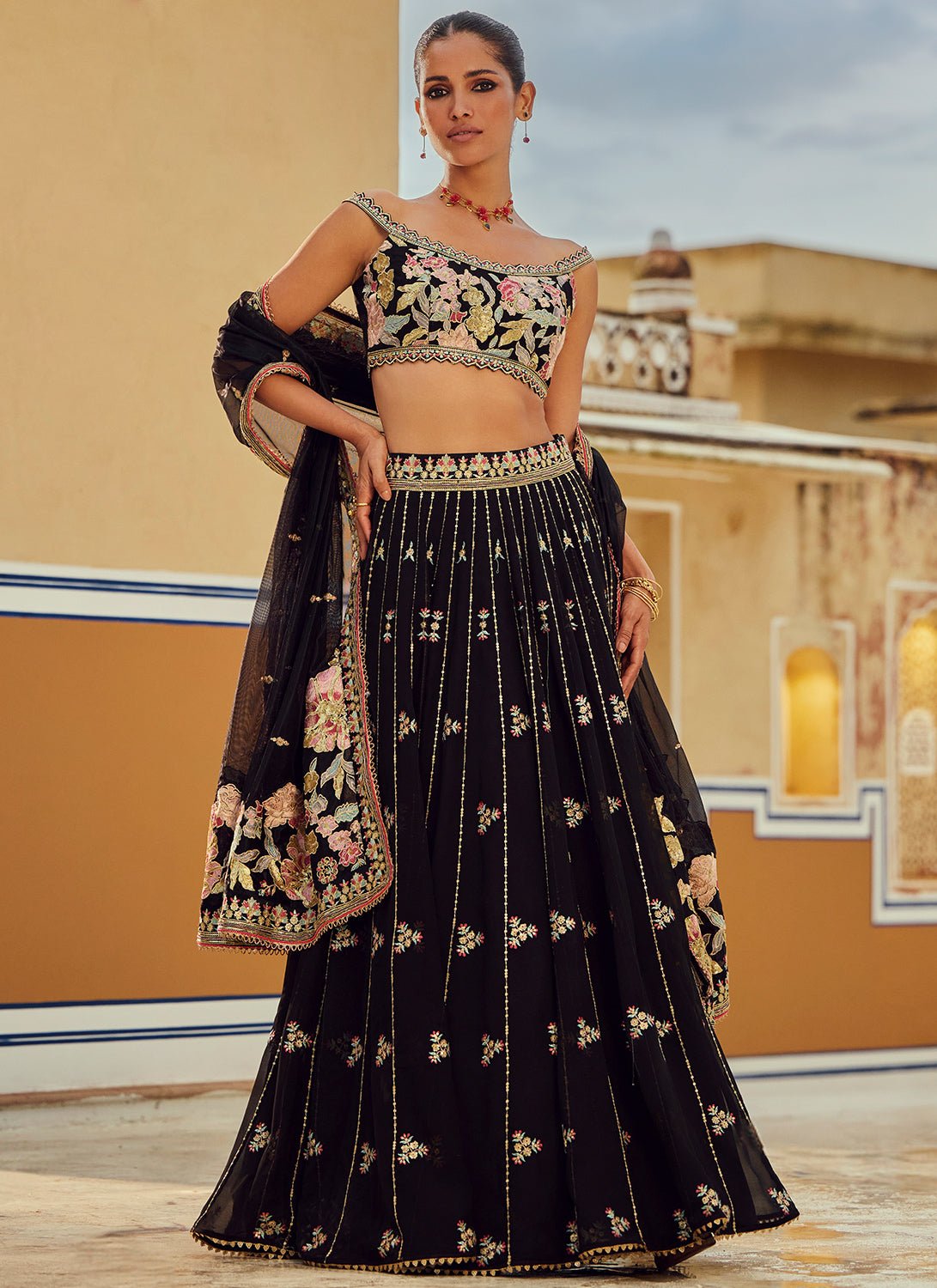 Black Embroidered Georgette Lehenga - Lashkaraa