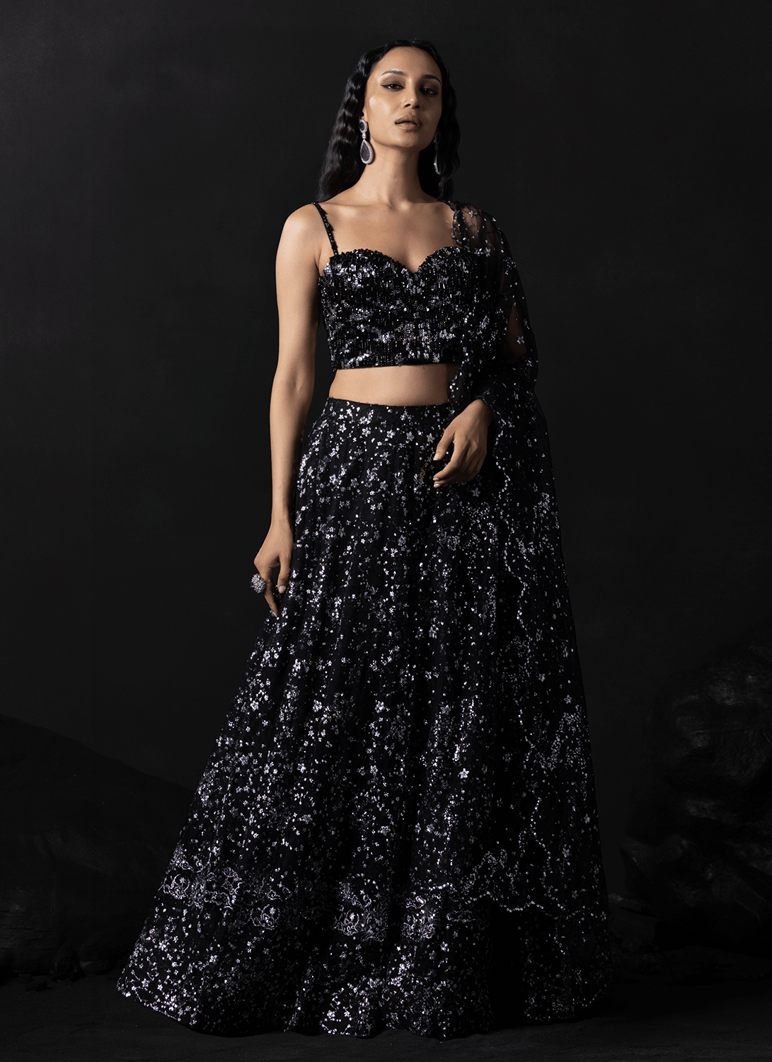 Black Embroidered Net Lehenga - Lashkaraa