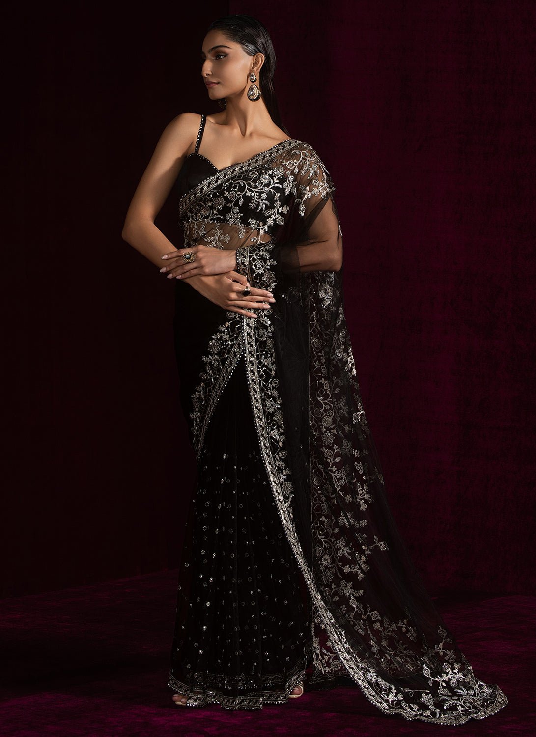 Black Embroidered Net Saree - Lashkaraa