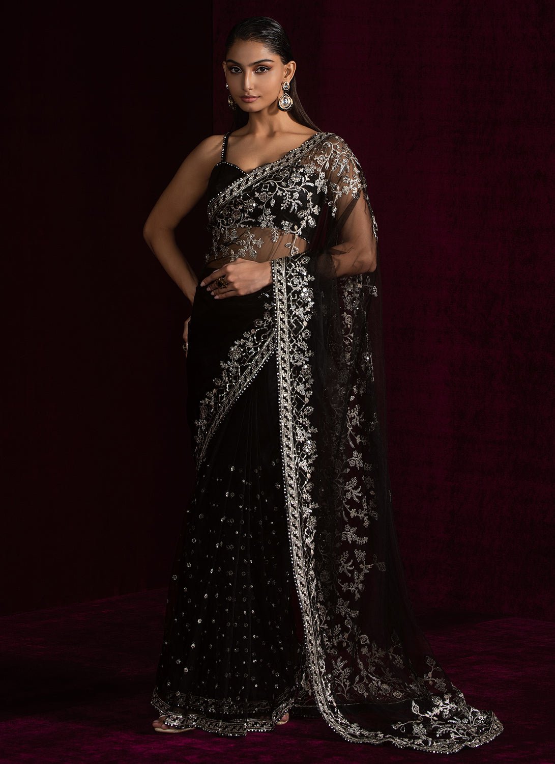 Black Embroidered Net Saree - Lashkaraa