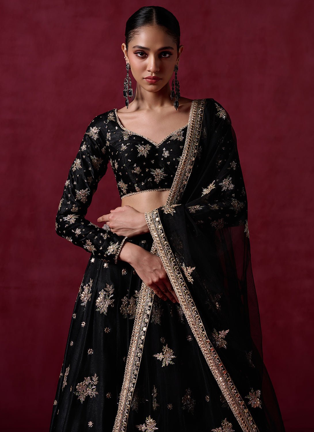 Black Embroidered Satin Lehenga - Lashkaraa