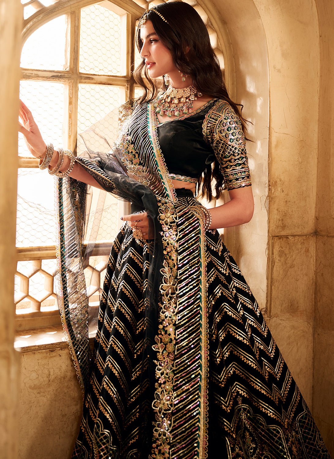 Black Embroidered Satin Organza Lehenga - Lashkaraa