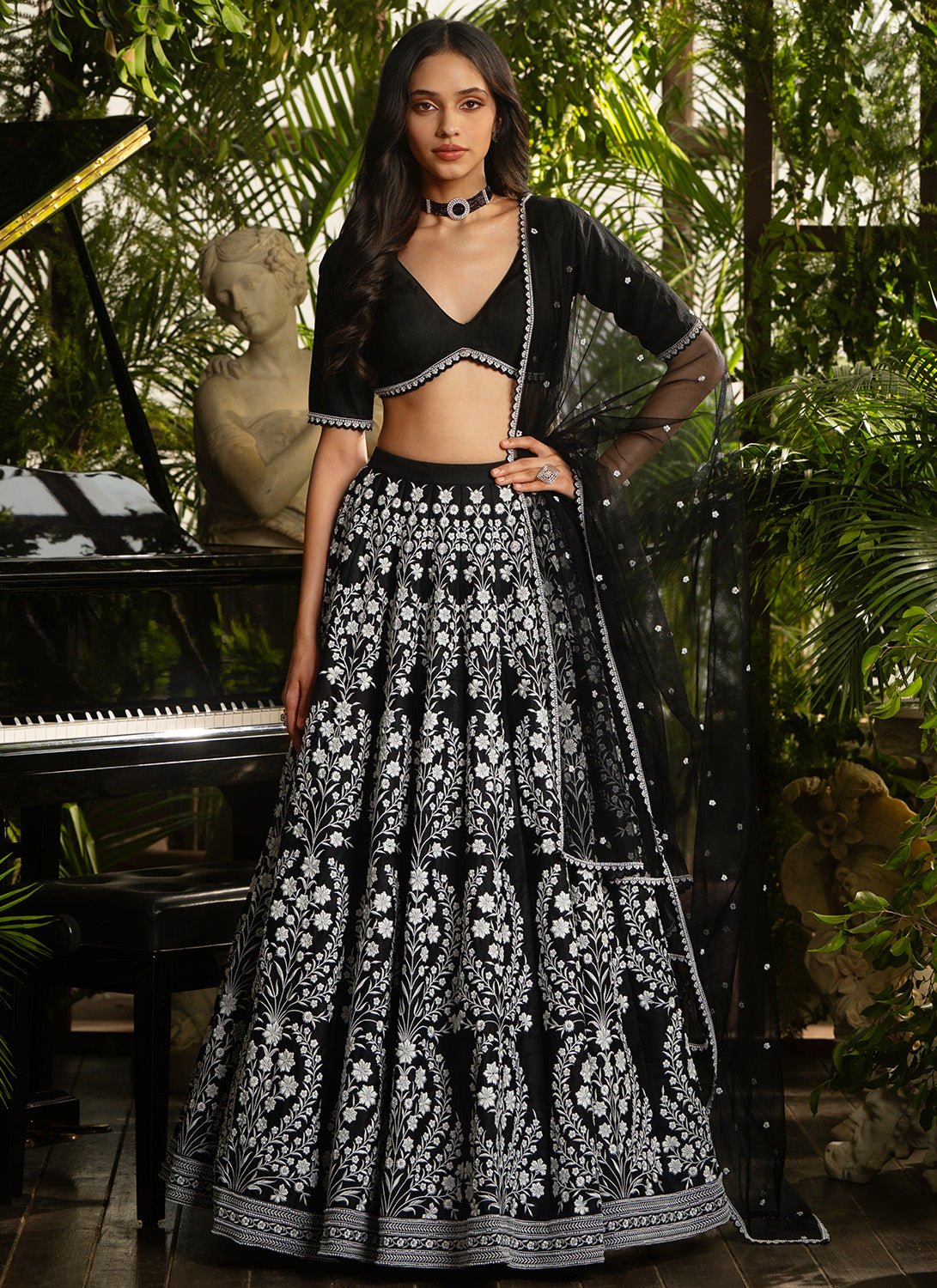 Black Embroidered Silk Lehenga - Lashkaraa