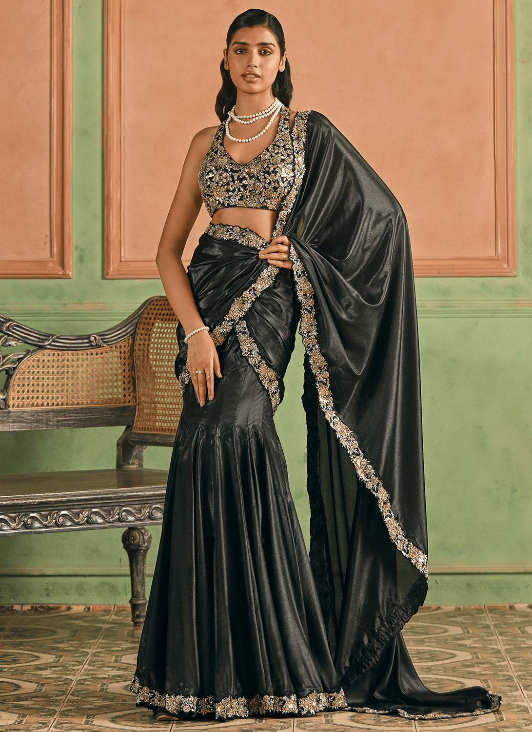 Black Embroidered Silk Saree - Lashkaraa