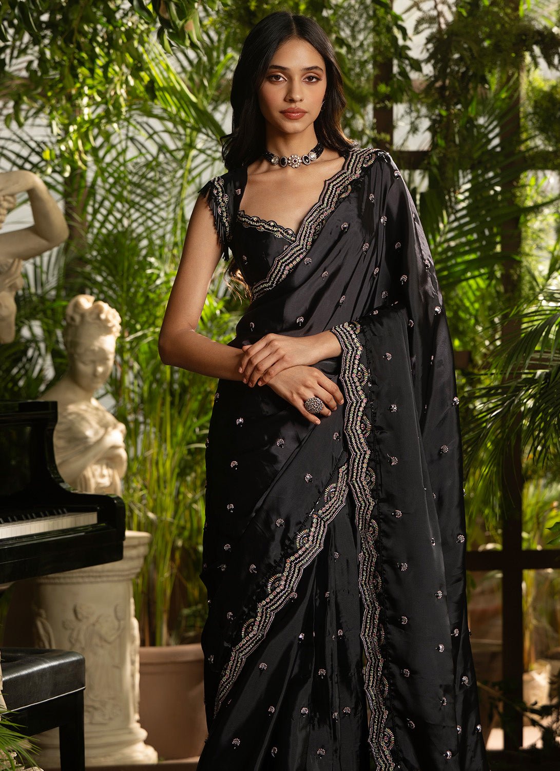 Black Embroidered Silk Saree - Lashkaraa