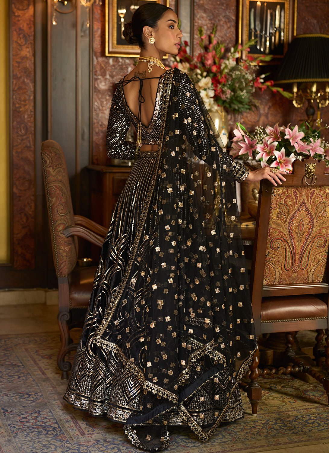 Black Embroidered Velvet Lehenga - Lashkaraa
