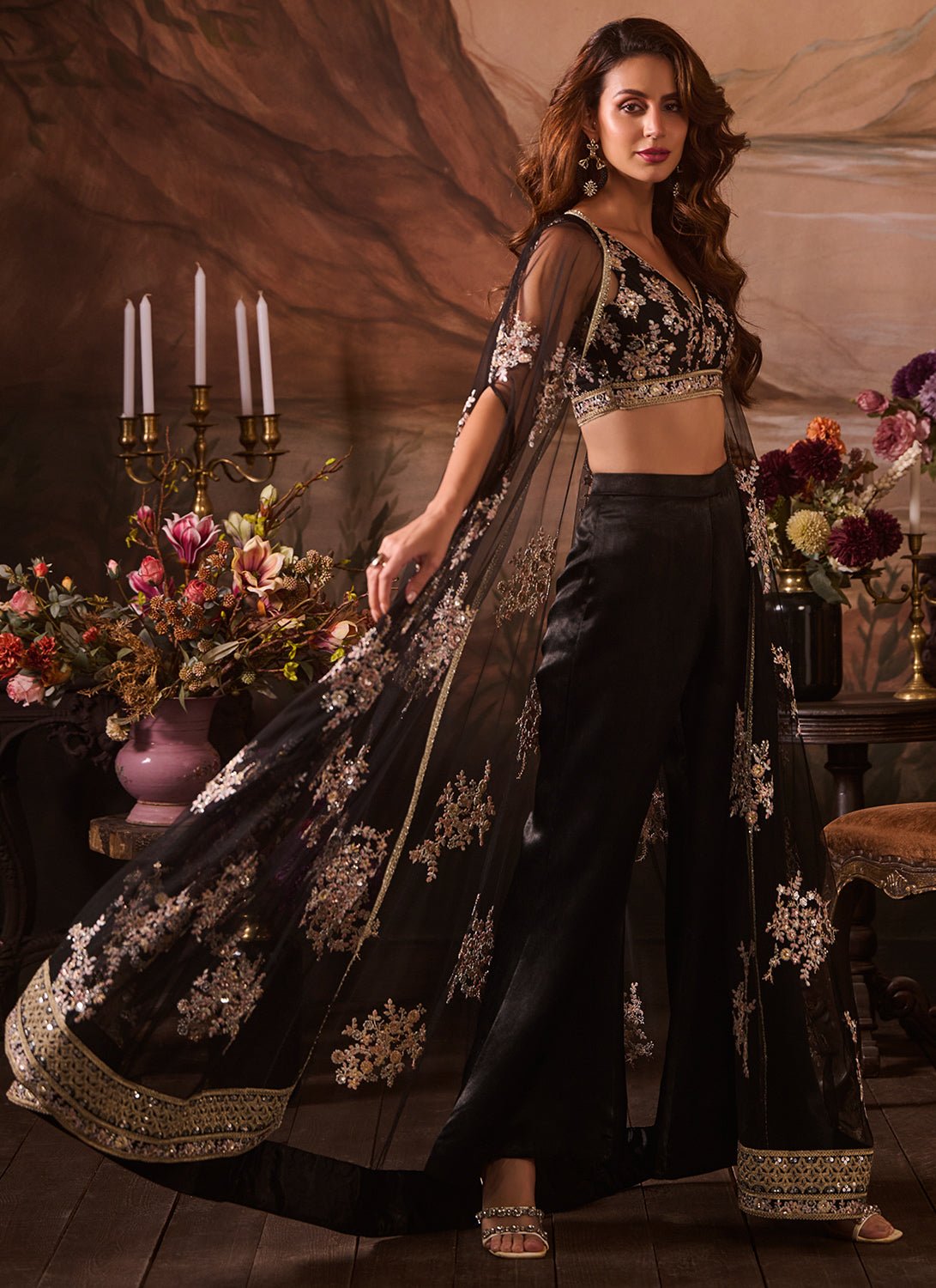 Black Embroidered Velvet Pant Set With Jacket - Lashkaraa
