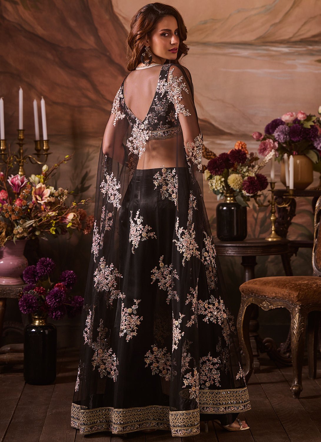 Black Embroidered Velvet Pant Set With Jacket - Lashkaraa
