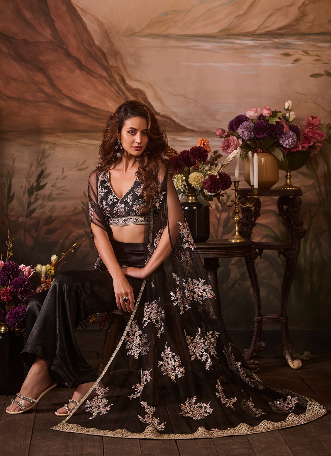 Black Embroidered Velvet Pant Set With Jacket - Lashkaraa