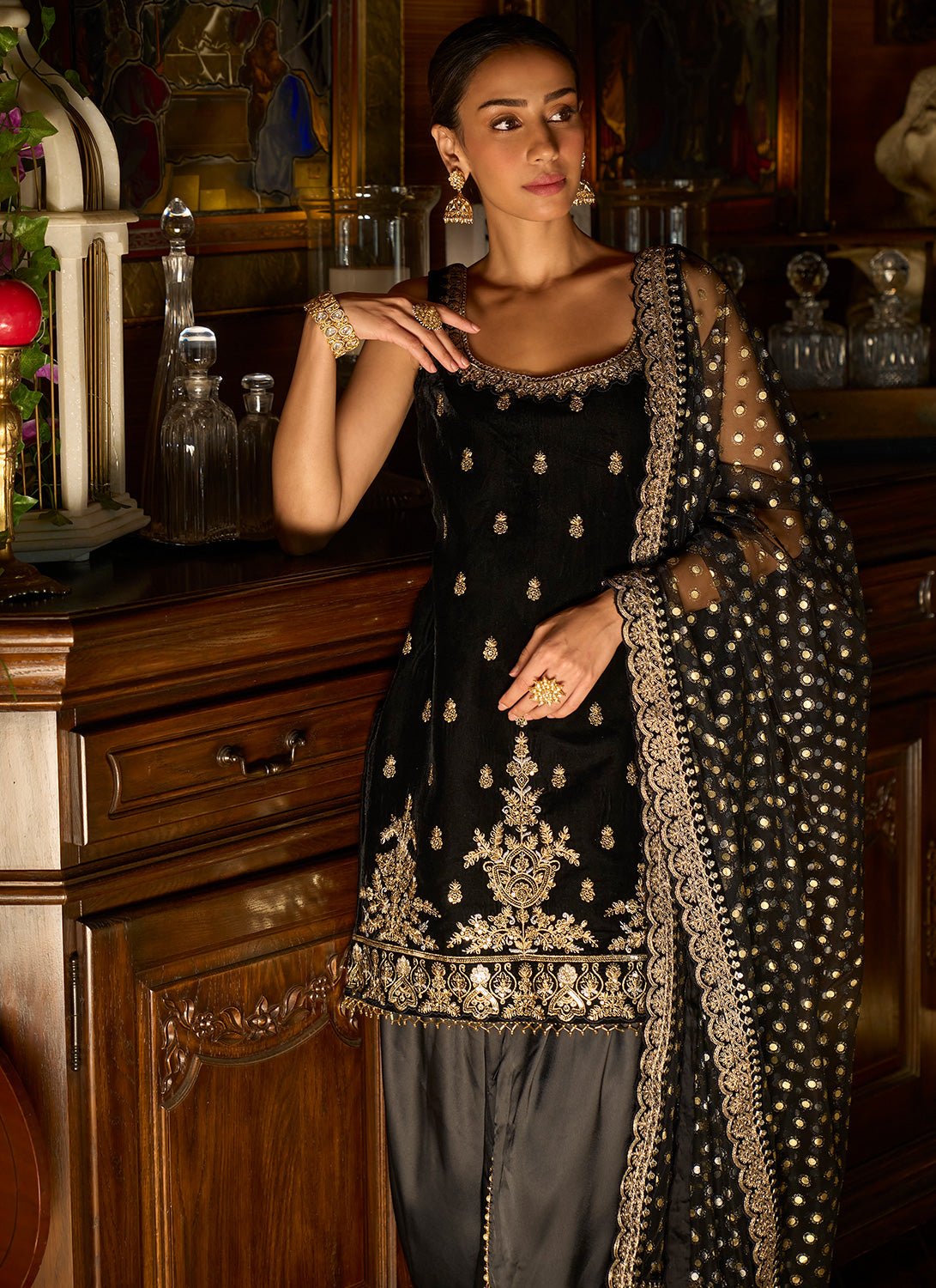 Black Embroidered Velvet Punjabi Suit - Lashkaraa