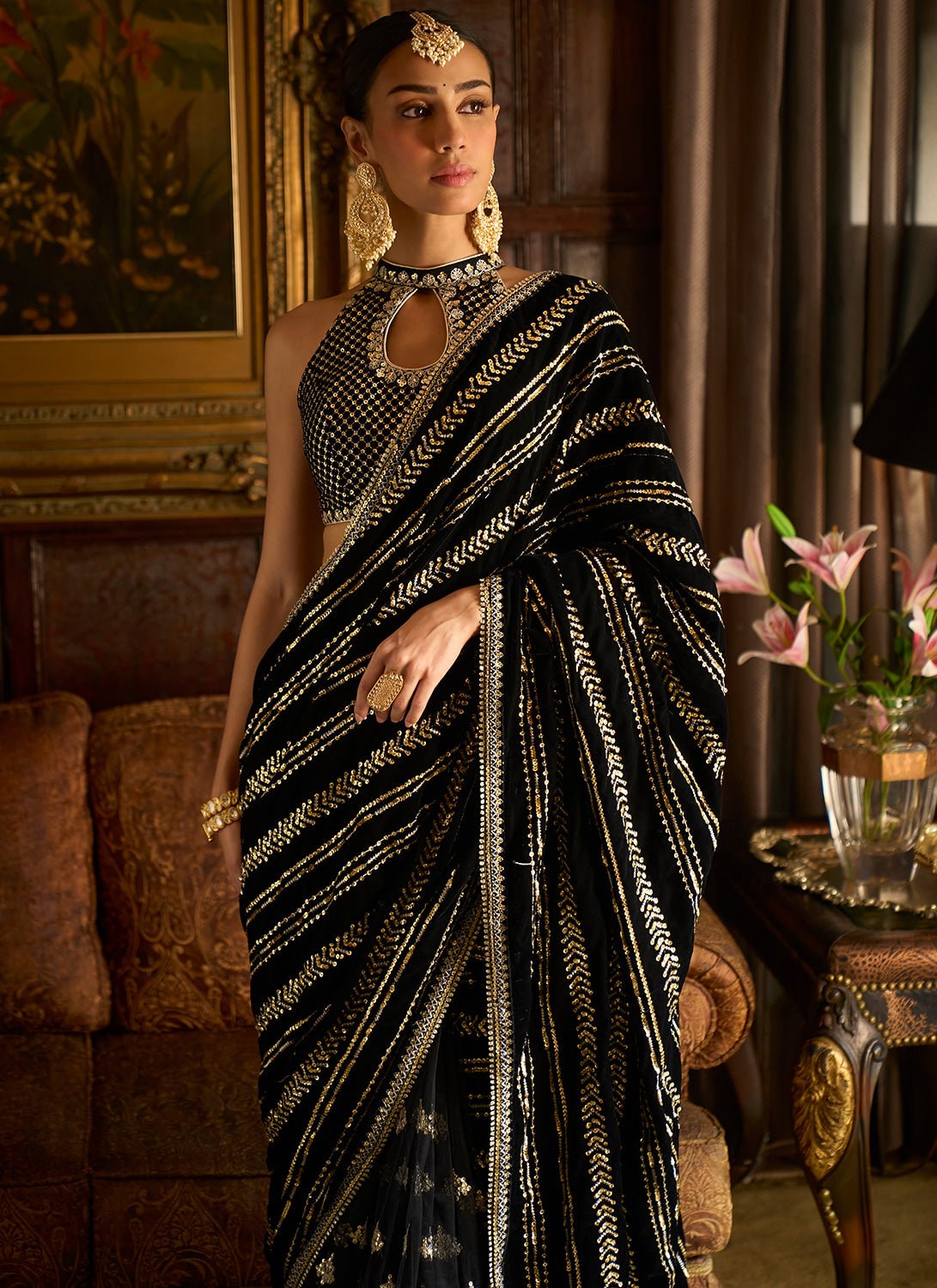 Black Embroidered Velvet Saree - Lashkaraa