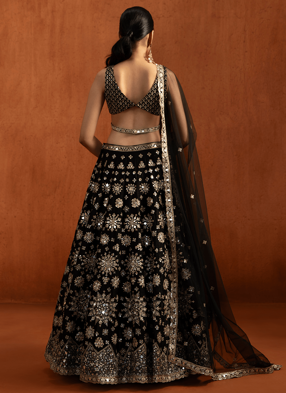 Black Embroidered Velvet Satin Lehenga - Lashkaraa