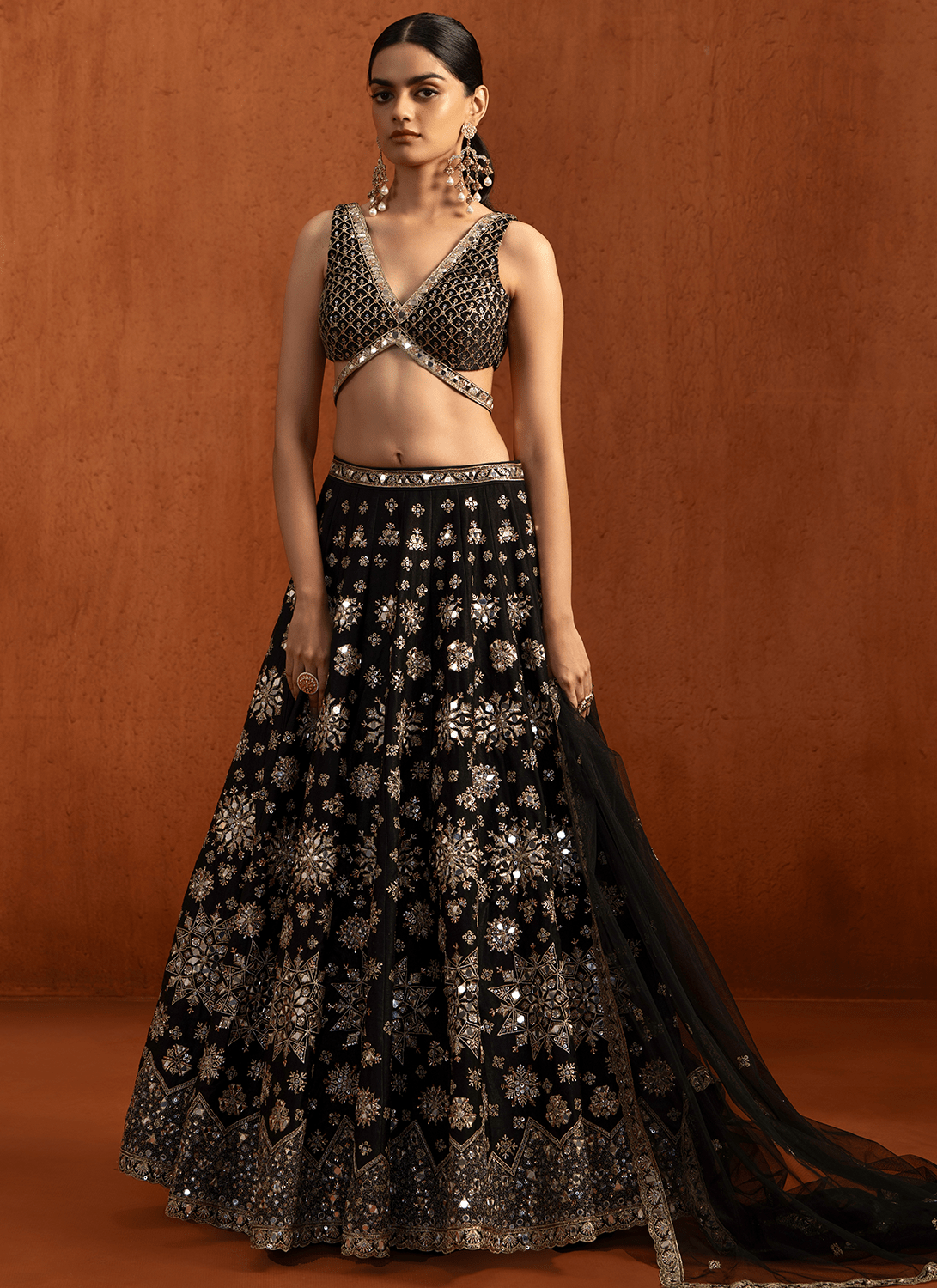 Black Embroidered Velvet Satin Lehenga - Lashkaraa
